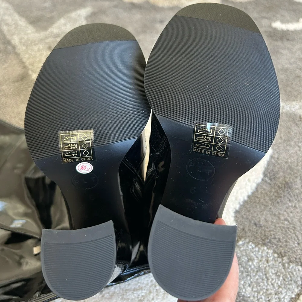 Black Knee High Block Heel Sock Boot - Picture 11 of 15